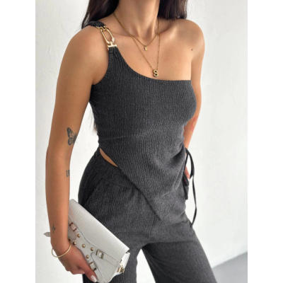 Asimetrik Crop Pantalon Ikili Takım - Füme Asimetrik Crop Pantalon Ikili Takım - Füme