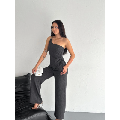 Asimetrik Crop Pantalon Ikili Takım - Füme Asimetrik Crop Pantalon Ikili Takım - Füme