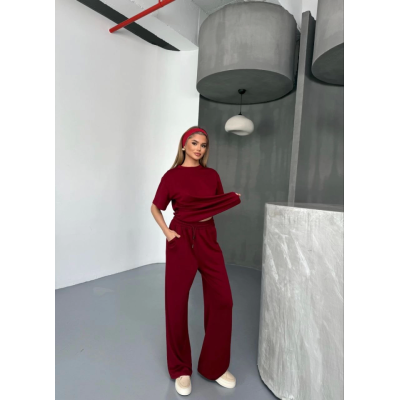 Osy Modal Yumuşak Dokulu Kumaş Kısa Kollu Bluz Rahat Pantalon Ikili Takım- Bordo Osy Modal Yumuşak Dokulu Kumaş Kısa Kollu Bluz Rahat Pantalon Ikili Takım- Bordo