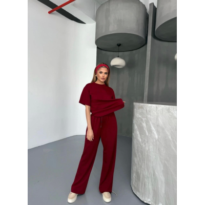 Osy Modal Yumuşak Dokulu Kumaş Kısa Kollu Bluz Rahat Pantalon Ikili Takım- Bordo Osy Modal Yumuşak Dokulu Kumaş Kısa Kollu Bluz Rahat Pantalon Ikili Takım- Bordo