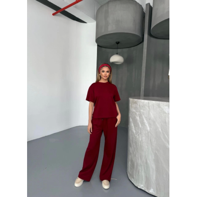 Osy Modal Yumuşak Dokulu Kumaş Kısa Kollu Bluz Rahat Pantalon Ikili Takım- Bordo Osy Modal Yumuşak Dokulu Kumaş Kısa Kollu Bluz Rahat Pantalon Ikili Takım- Bordo