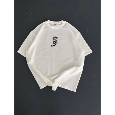 Baskılı Oversize Bisiklet Yaka T-shirt - Beyaz