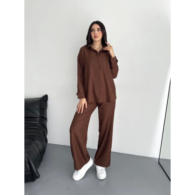 Gömlek Pantolon Ikili Takım - Kahverengi Gömlek Pantolon Ikili Takım - Kahverengi