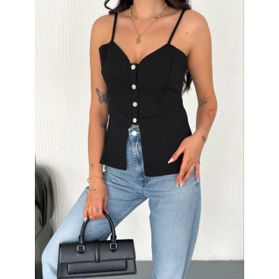 Askılı Dekolte Deraylı Bluz Crop - Siyah Askılı Dekolte Deraylı Bluz Crop - Siyah