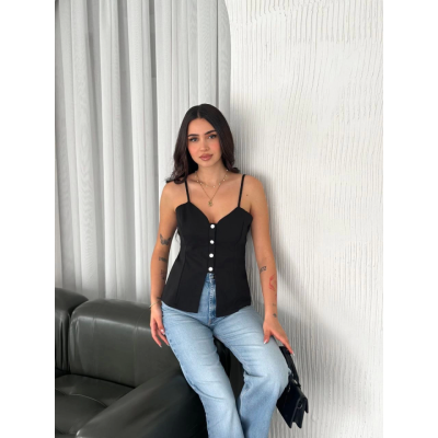 Askılı Dekolte Deraylı Bluz Crop - Siyah Askılı Dekolte Deraylı Bluz Crop - Siyah