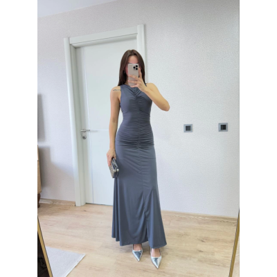 Kolsuz Büzgülü Uzun Elbise - Füme Kolsuz Büzgülü Uzun Elbise - Füme
