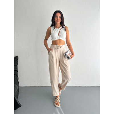 Yüksel Bel Rahat Paça Pantalon - Kırık Beyaz Yüksel Bel Rahat Paça Pantalon - Kırık Beyaz