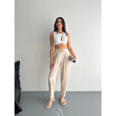 Yüksel Bel Rahat Paça Pantalon - Kırık Beyaz Yüksel Bel Rahat Paça Pantalon - Kırık Beyaz