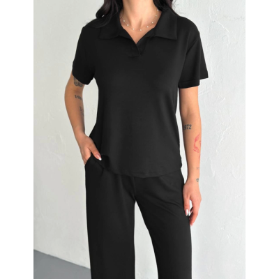 Osy Modal Yumuşak Dokulu Kumaş Kısa Kollu Yakalı T-shirt Pantalon Ikili Takım- Siyah Osy Modal Yumuşak Dokulu Kumaş Kısa Kollu Yakalı T-shirt Pantalon Ikili Takım- Siyah