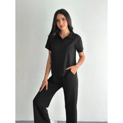 Osy Modal Yumuşak Dokulu Kumaş Kısa Kollu Yakalı T-shirt Pantalon Ikili Takım- Siyah Osy Modal Yumuşak Dokulu Kumaş Kısa Kollu Yakalı T-shirt Pantalon Ikili Takım- Siyah
