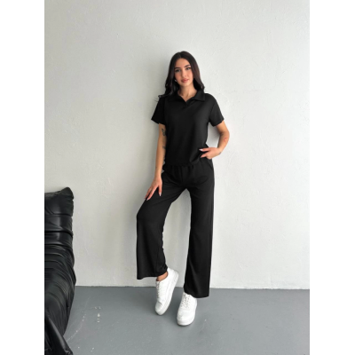 Osy Modal Yumuşak Dokulu Kumaş Kısa Kollu Yakalı T-shirt Pantalon Ikili Takım- Siyah Osy Modal Yumuşak Dokulu Kumaş Kısa Kollu Yakalı T-shirt Pantalon Ikili Takım- Siyah