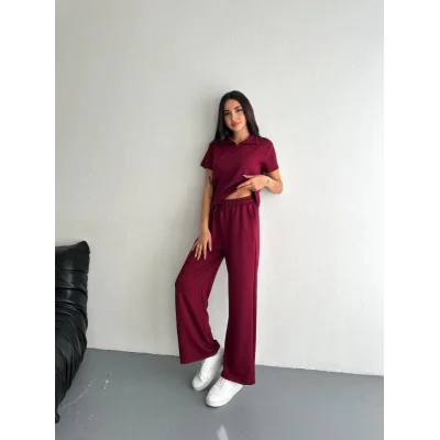 Osy Modal Yumuşak Dokulu Kumaş Kısa Kollu Yakalı T-shirt Pantalon Ikili Takım- Bordo Osy Modal Yumuşak Dokulu Kumaş Kısa Kollu Yakalı T-shirt Pantalon Ikili Takım- Bordo