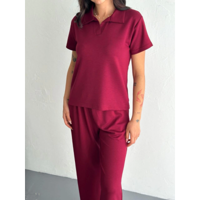 Osy Modal Yumuşak Dokulu Kumaş Kısa Kollu Yakalı T-shirt Pantalon Ikili Takım- Bordo Osy Modal Yumuşak Dokulu Kumaş Kısa Kollu Yakalı T-shirt Pantalon Ikili Takım- Bordo