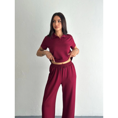Osy Modal Yumuşak Dokulu Kumaş Kısa Kollu Yakalı T-shirt Pantalon Ikili Takım- Bordo Osy Modal Yumuşak Dokulu Kumaş Kısa Kollu Yakalı T-shirt Pantalon Ikili Takım- Bordo