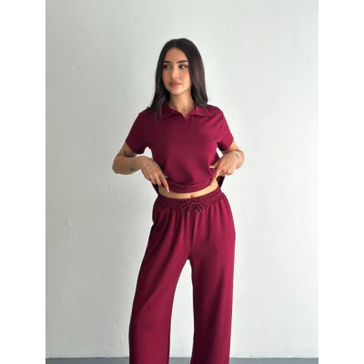 Osy Modal Yumuşak Dokulu Kumaş Kısa Kollu Yakalı T-shirt Pantalon Ikili Takım- Bordo Osy Modal Yumuşak Dokulu Kumaş Kısa Kollu Yakalı T-shirt Pantalon Ikili Takım- Bordo