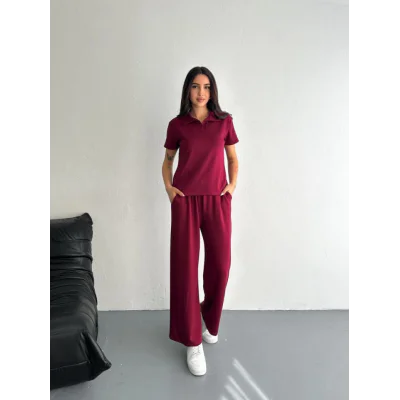 Osy Modal Yumuşak Dokulu Kumaş Kısa Kollu Yakalı T-shirt Pantalon Ikili Takım- Bordo Osy Modal Yumuşak Dokulu Kumaş Kısa Kollu Yakalı T-shirt Pantalon Ikili Takım- Bordo