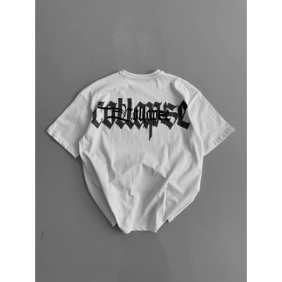 Baskılı Oversize Bisiklet Yaka T-shirt - Beyaz