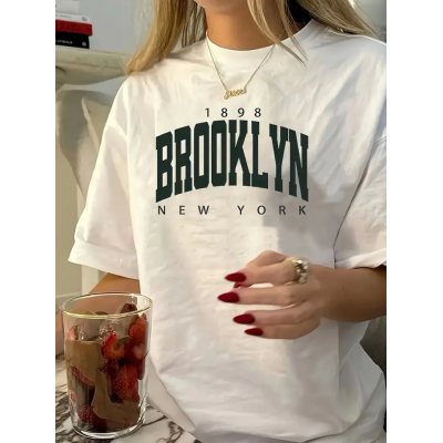Baskılı Oversize Bisiklet Yaka T-shirt - Beyaz Baskılı Oversize Bisiklet Yaka T-shirt - Beyaz