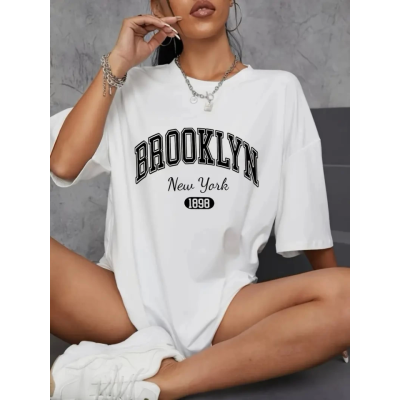 Baskılı Oversize Bisiklet Yaka T-shirt - Beyaz Baskılı Oversize Bisiklet Yaka T-shirt - Beyaz