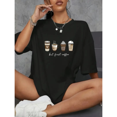 Baskılı Oversize Bisiklet Yaka T-shirt - Siyah Baskılı Oversize Bisiklet Yaka T-shirt - Siyah