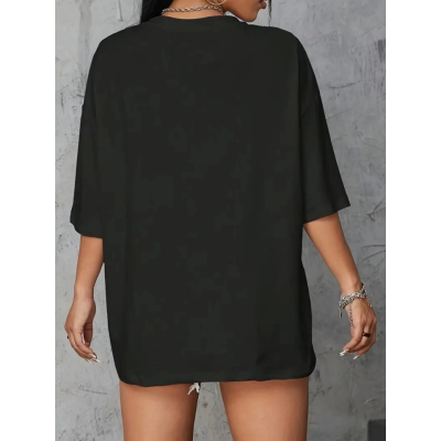 Baskılı Oversize Bisiklet Yaka T-shirt - Siyah Baskılı Oversize Bisiklet Yaka T-shirt - Siyah
