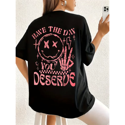 Baskılı Oversize Bisiklet Yaka T-shirt - Siyah Baskılı Oversize Bisiklet Yaka T-shirt - Siyah