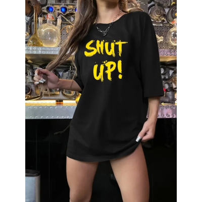 Baskılı Oversize Bisiklet Yaka T-shirt - Siyah Baskılı Oversize Bisiklet Yaka T-shirt - Siyah