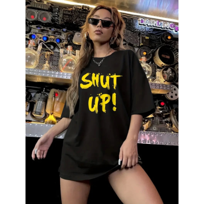 Baskılı Oversize Bisiklet Yaka T-shirt - Siyah Baskılı Oversize Bisiklet Yaka T-shirt - Siyah
