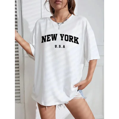 New York Baskılı Oversize Bisiklet Yaka T-shirt - Beyaz New York Baskılı Oversize Bisiklet Yaka T-shirt - Beyaz