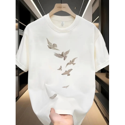 Baskılı Oversize Bisiklet Yaka T-shirt - Beyaz