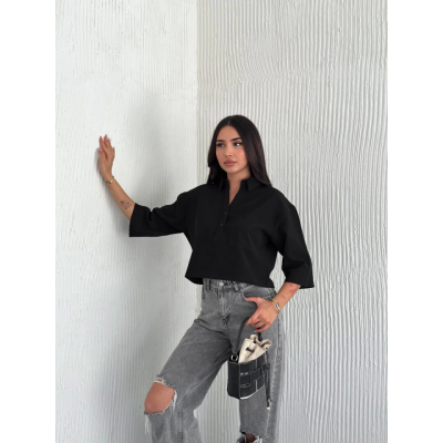Crop Yakalı Gömlek Üç Çeyrek Sleeve Kol - Siyah Crop Yakalı Gömlek Üç Çeyrek Sleeve Kol - Siyah