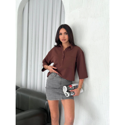 Crop Yakalı Gömlek Üç Çeyrek Sleeve Kol - Kahverengi Crop Yakalı Gömlek Üç Çeyrek Sleeve Kol - Kahverengi