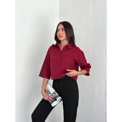 Crop Yakalı Gömlek Üç Çeyrek Sleeve Kol - Bordo Crop Yakalı Gömlek Üç Çeyrek Sleeve Kol - Bordo