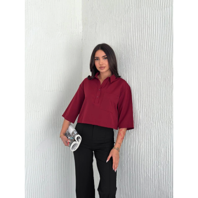 Crop Yakalı Gömlek Üç Çeyrek Sleeve Kol - Bordo Crop Yakalı Gömlek Üç Çeyrek Sleeve Kol - Bordo