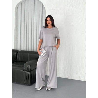 Osy Modal Yumuşak Dokulu Kumaş Bisiklet Yaka T-shirt Bol Paça Pantalon Ikili Takım - Boyalı Gri Osy Modal Yumuşak Dokulu Kumaş Bisiklet Yaka T-shirt Bol Paça Pantalon Ikili Takım - Boyalı Gri