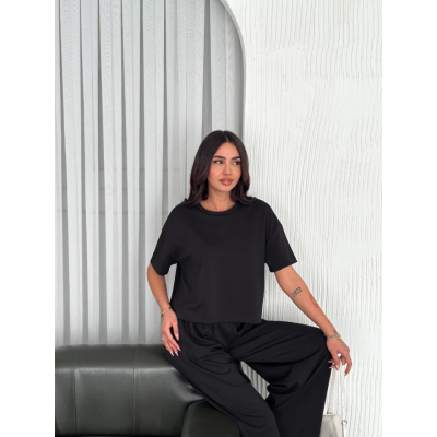Osy Modal Yumuşak Dokulu Kumaş Bisiklet Yaka T-shirt Bol Paça Pantalon Ikili Takım -Siyah Osy Modal Yumuşak Dokulu Kumaş Bisiklet Yaka T-shirt Bol Paça Pantalon Ikili Takım -Siyah