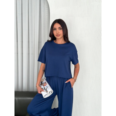 Osy Modal Yumuşak Dokulu Kumaş Bisiklet Yaka T-shirt Bol Paça Pantalon Ikili Takım -Saks Mavi Osy Modal Yumuşak Dokulu Kumaş Bisiklet Yaka T-shirt Bol Paça Pantalon Ikili Takım -Saks Mavi