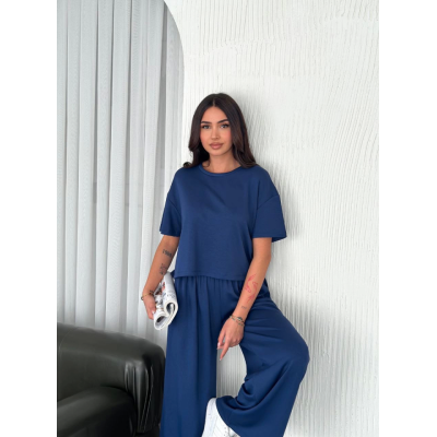 Osy Modal Yumuşak Dokulu Kumaş Bisiklet Yaka T-shirt Bol Paça Pantalon Ikili Takım -Saks Mavi Osy Modal Yumuşak Dokulu Kumaş Bisiklet Yaka T-shirt Bol Paça Pantalon Ikili Takım -Saks Mavi