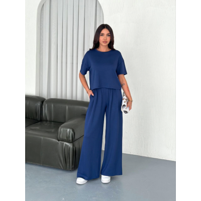 Osy Modal Yumuşak Dokulu Kumaş Bisiklet Yaka T-shirt Bol Paça Pantalon Ikili Takım -Saks Mavi Osy Modal Yumuşak Dokulu Kumaş Bisiklet Yaka T-shirt Bol Paça Pantalon Ikili Takım -Saks Mavi