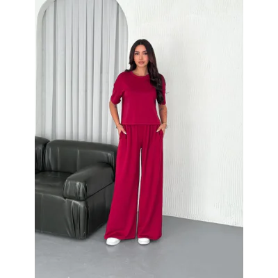 Osy Modal Yumuşak Dokulu Kumaş Bisiklet Yaka T-shirt Bol Paça Pantalon Ikili Takım -Bordo Osy Modal Yumuşak Dokulu Kumaş Bisiklet Yaka T-shirt Bol Paça Pantalon Ikili Takım -Bordo