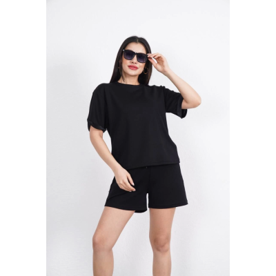 Osy Modal Yumuşak Dokulu Kumaş Bisiklet Yaka T-shirt Kısa Şort İkili Takım - Siyah Osy Modal Yumuşak Dokulu Kumaş Bisiklet Yaka T-shirt Kısa Şort İkili Takım - Siyah