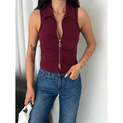 Yakalı Tam Fermuarlı Kolsuz Bluz - Bordo Yakalı Tam Fermuarlı Kolsuz Bluz - Bordo