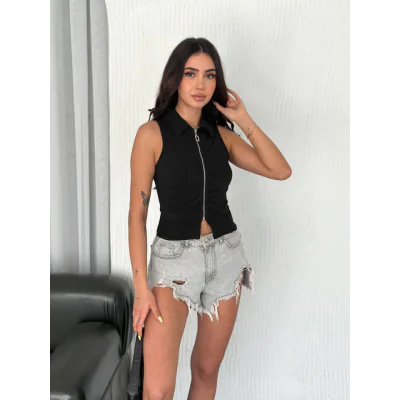 Yakalı Tam Fermuarlı Kolsuz Bluz - Siyah Yakalı Tam Fermuarlı Kolsuz Bluz - Siyah