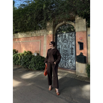 Uzun Kollu Yakalı Gömlek Pantalon Takım- Kahverengi