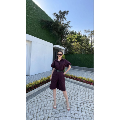 Yakalı Gömlek Kemerli Şortlu Takım - Bordo Yakalı Gömlek Kemerli Şortlu Takım - Bordo