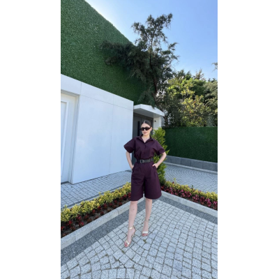 Yakalı Gömlek Kemerli Şortlu Takım - Bordo Yakalı Gömlek Kemerli Şortlu Takım - Bordo
